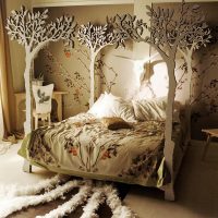 Bed decoration with carved tree silhouettes