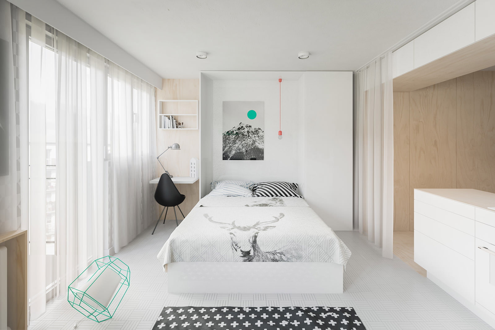 White folding bed in a studio apartment