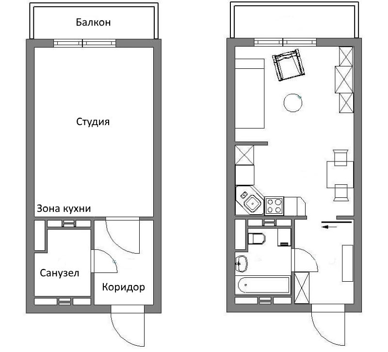 Layout of a studio apartment with an area of ​​25 sq m