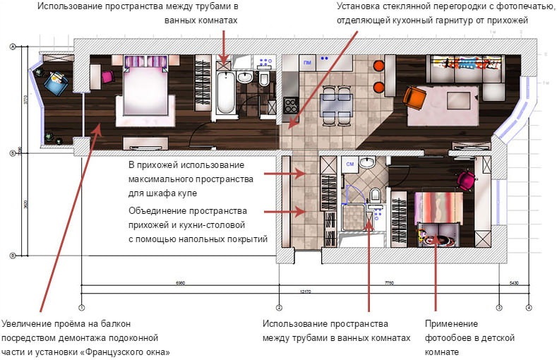 Plan of a three-room apartment after combining the kitchen and living room