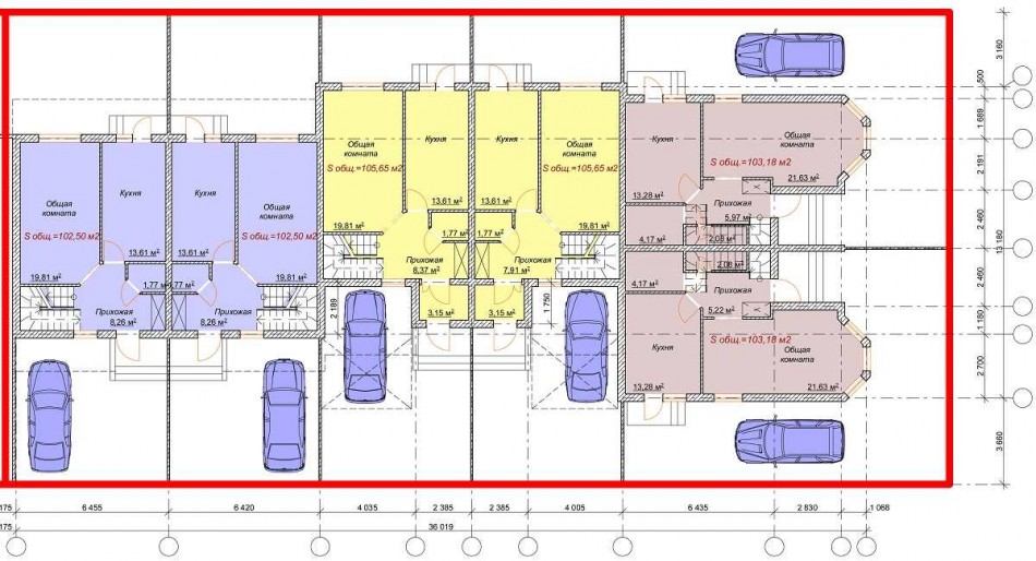 Layout of a modern townhouse with parking spaces