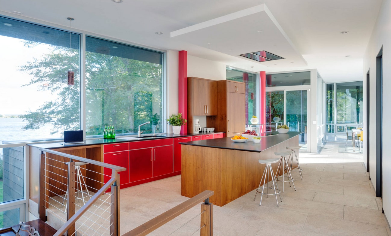 Spacious kitchen with island and large windows