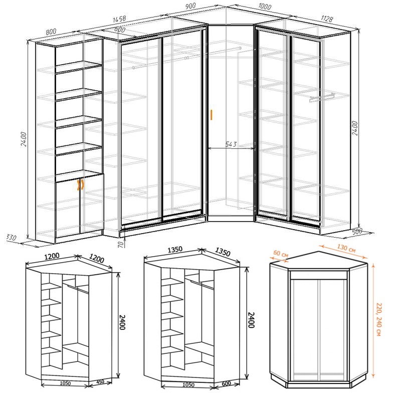 Diagrams of corner wardrobes with dimensions