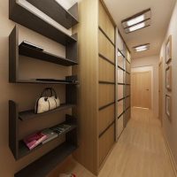 Open shelves made of chipboard in a narrow hallway
