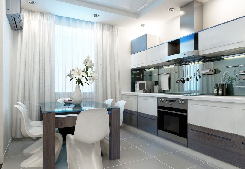 High-tech kitchen design with long curtains