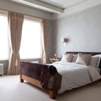 Curtains in the bedroom with wooden bed