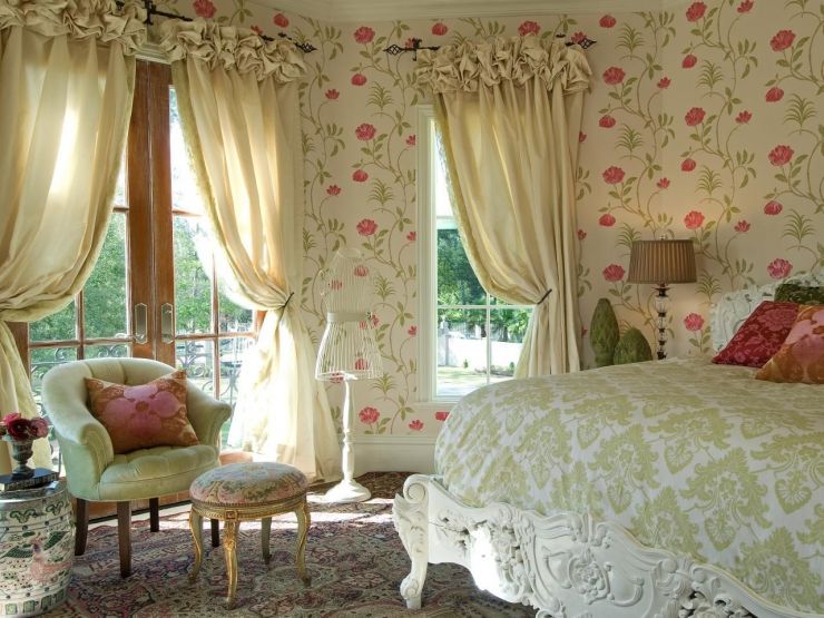 Design provence style bedroom with floral wallpaper
