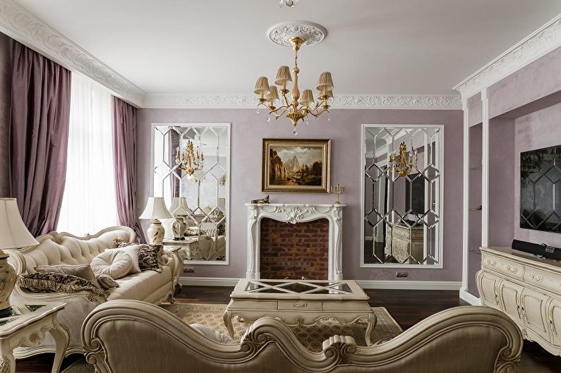 Lilac curtains in the interior of a classic living room