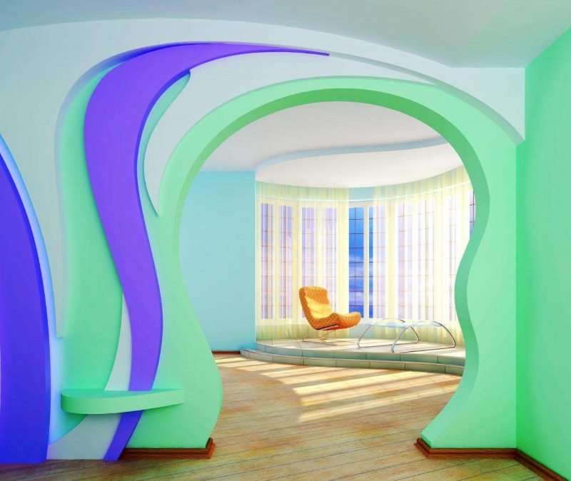 Multi-colored asymmetric plasterboard arch
