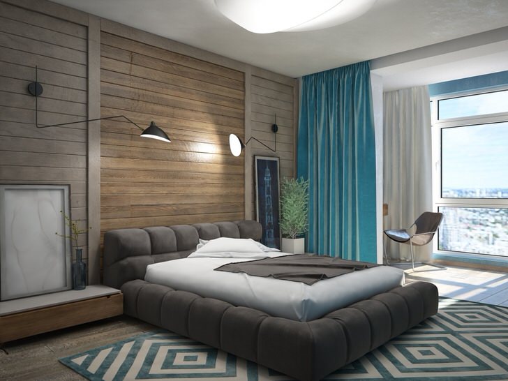 L'intérieur de la chambre à coucher avec mur imitation de bois