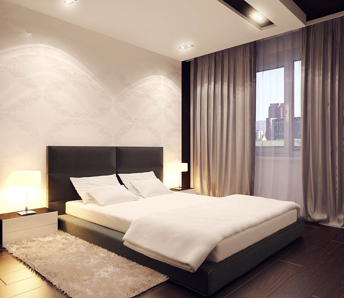 Dark straight curtains in a minimalist style bedroom
