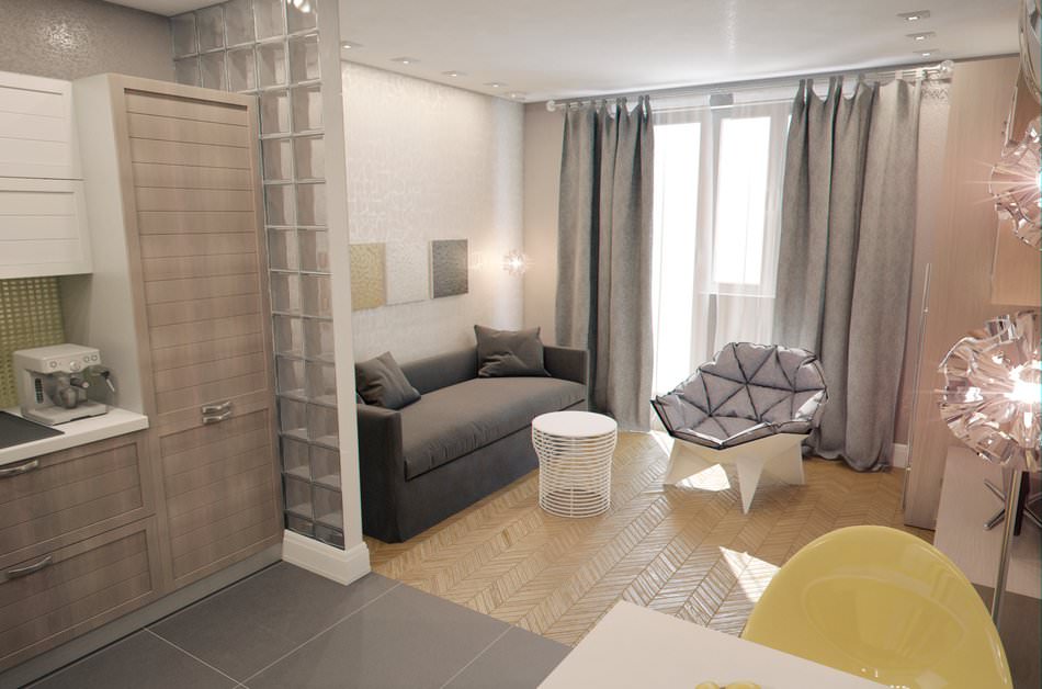 Zoning studio apartment with a glass partition