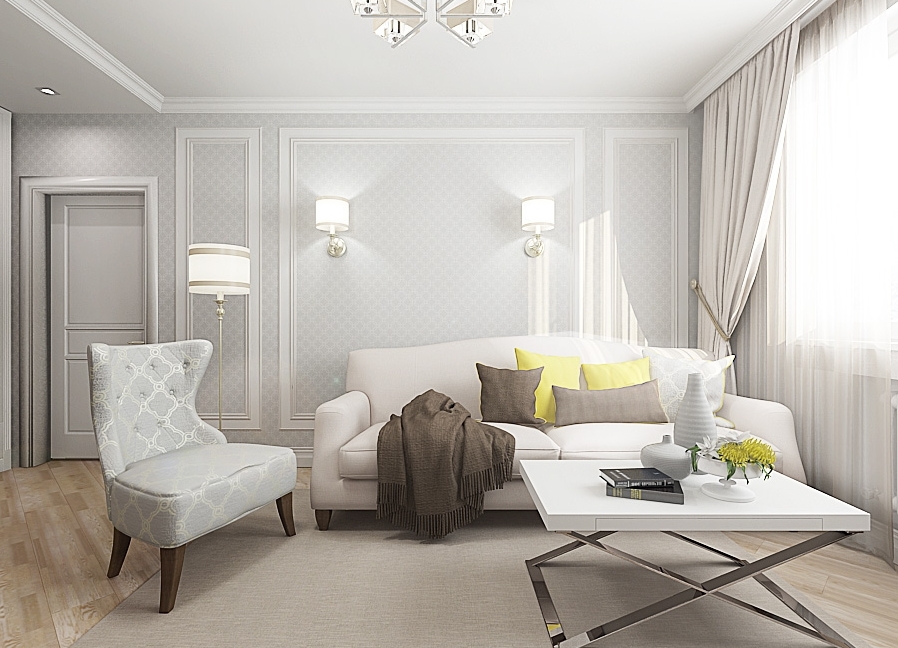 Living room design in light pastel shades.