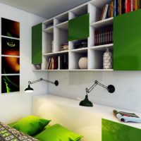Hanging shelves with green doors