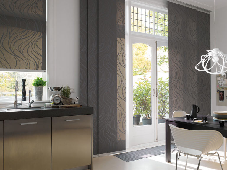 Dark gray Japanese curtains in the design of the kitchen