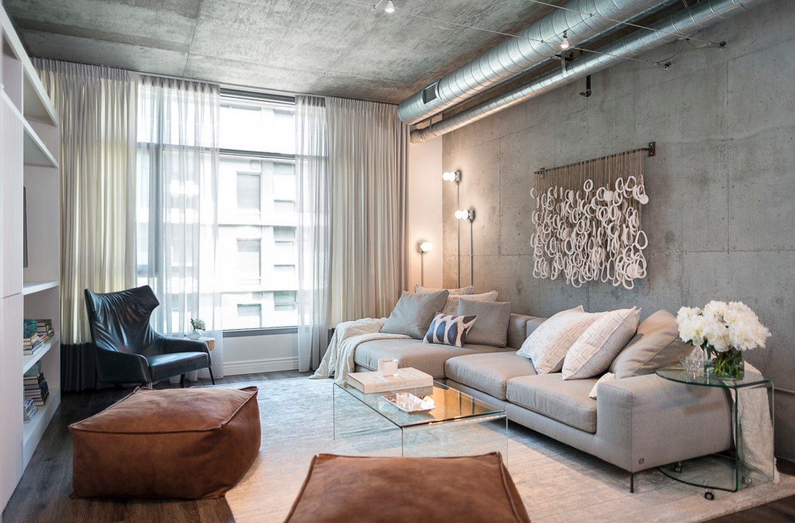 Concrete walls and gray ceiling