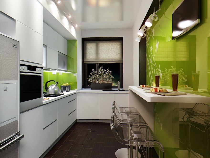 Glossy wall in narrow kitchen interior
