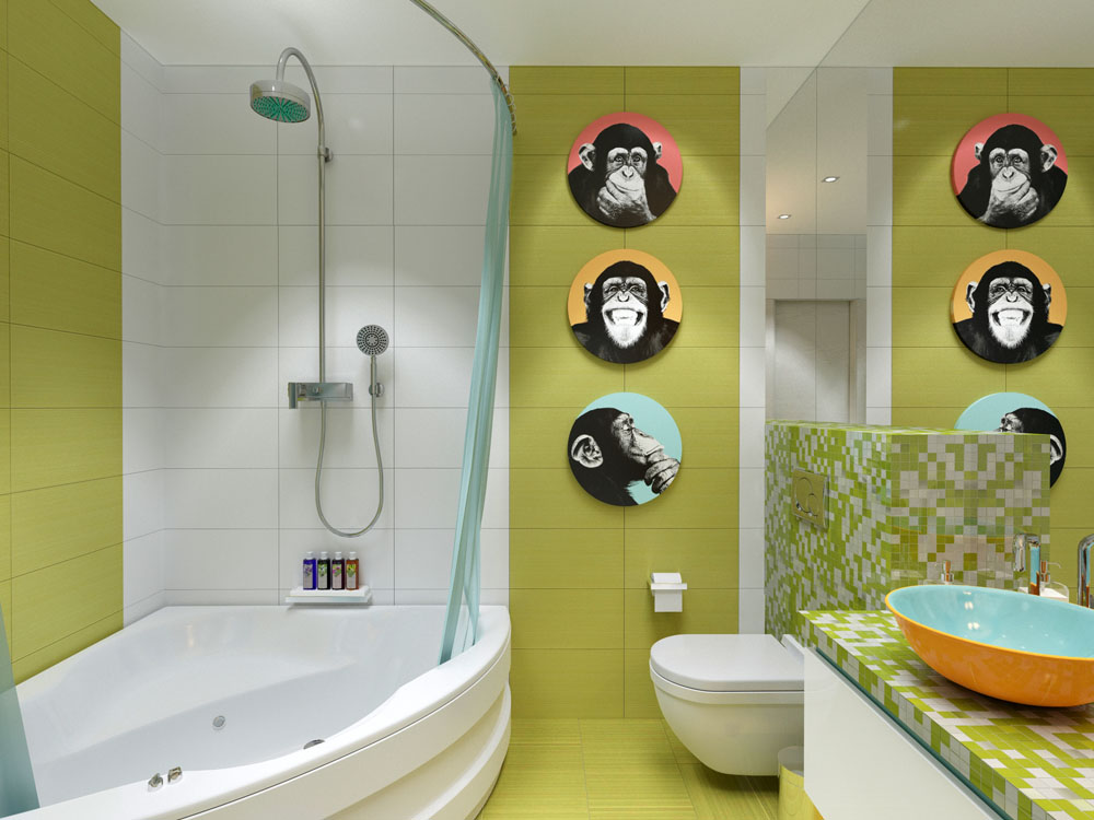 Pictures with monkeys on the bathroom wall