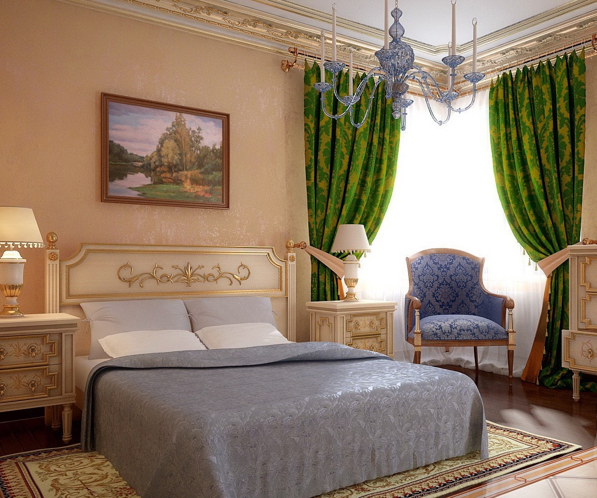 Chambre de style classique avec des rideaux verts