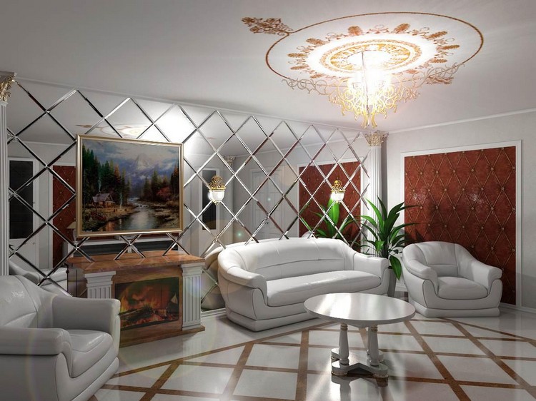 Design living room with a mirror wall