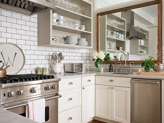 Kitchen design with mirror on the wall
