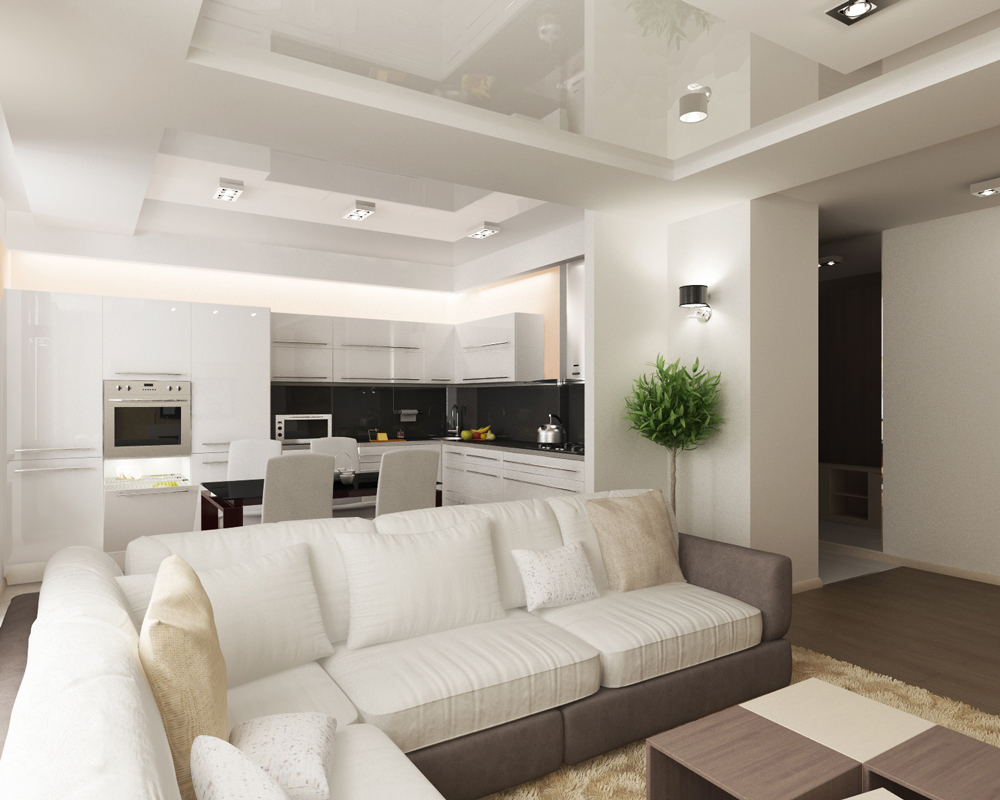 Glossy suspended ceiling in the kitchen-living room