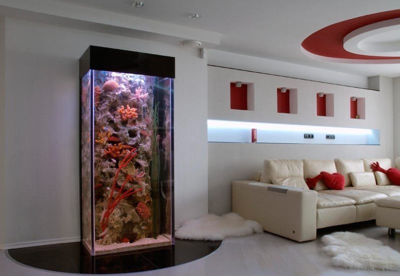 Design a living room with an aquarium against the wall