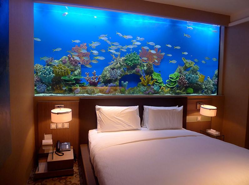 Large aquarium in the interior of the bedroom