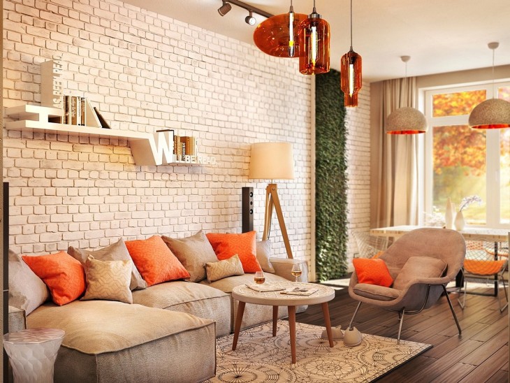 Mur de brique beige dans un salon moderne