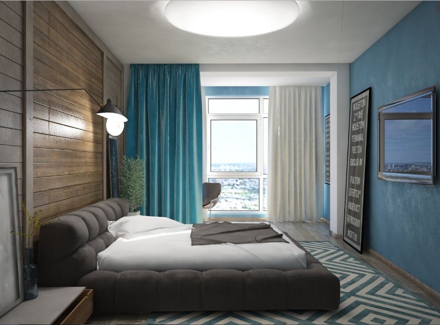 Bedroom with turquoise walls in the treshka of a brick house of the P44-T series