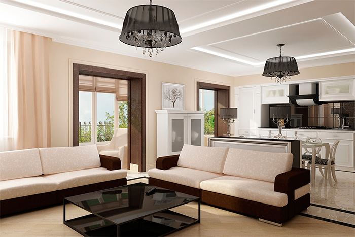 Art Nouveau living room design with black chandeliers