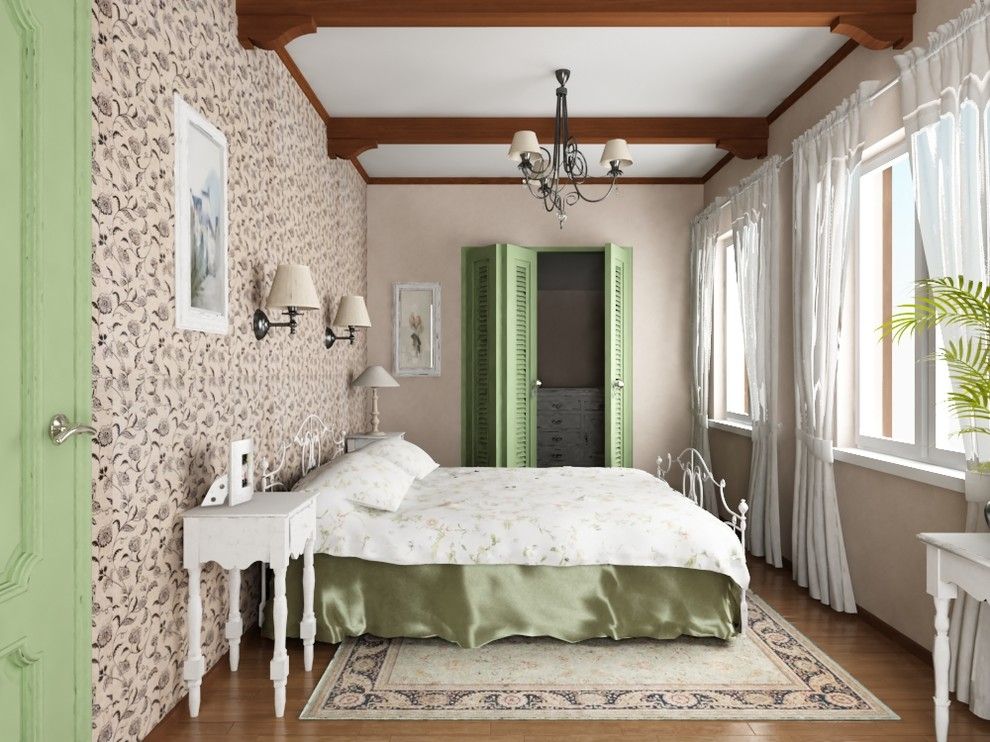 Light curtains on the windows of the bedroom in the style of provence
