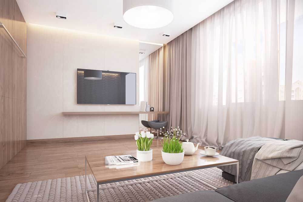 Light curtains to the floor in the interior of the living room area of ​​14 squares