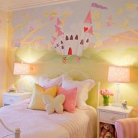 Fairytale castle on the wall of the room for the girl