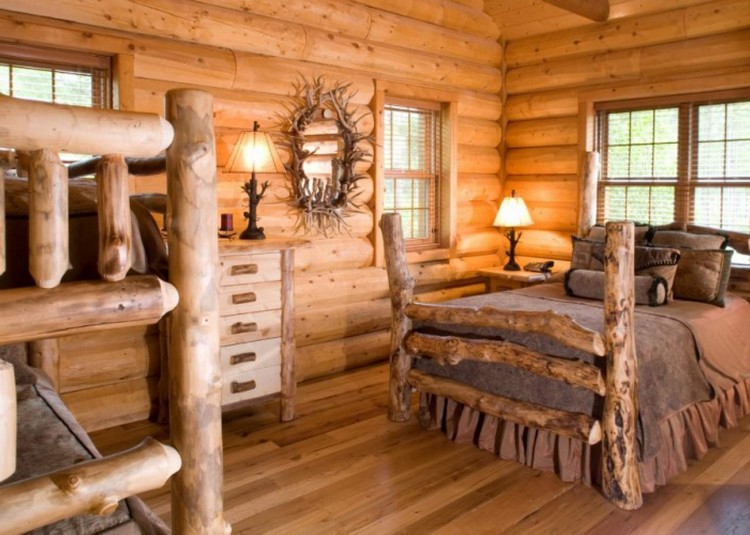 Beds from tree trunks in a Russian log hut