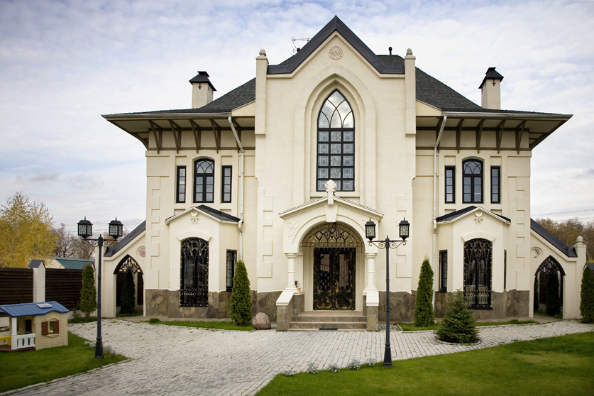 Exterior of a modern castle-style house