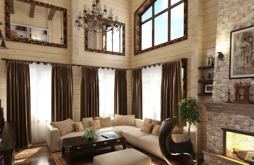 Italian style wooden house living room interior