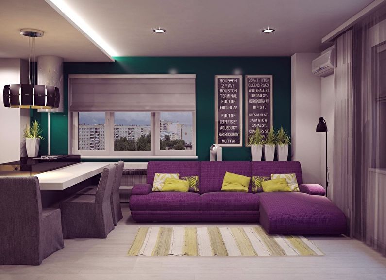 Colore viola nel design degli interni del soggiorno