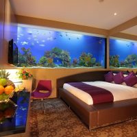 Mirror and aquarium in bedroom interior