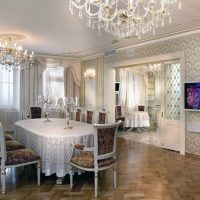Crystal chandeliers in the interior of the dining room of a private house