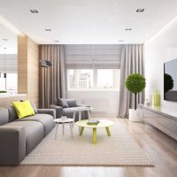 Design a narrow living room in beige shades