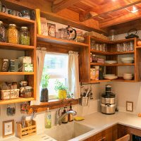 Open shelves with cooking utensils