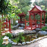 Japanese-style gazebo by the pond