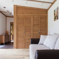 Wardrobe with wooden doors in a bright living room