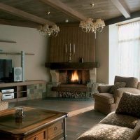 Wood ceiling in living room with fireplace