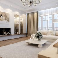 Design of a white living room with brown floor