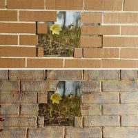 The idea of ​​decorating a wall under a cardboard brick