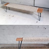 Decor of a wooden bench with a knitted cover