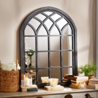Window-shaped mirror with wooden frame
