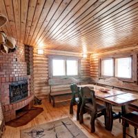 Lounge with brick fireplace